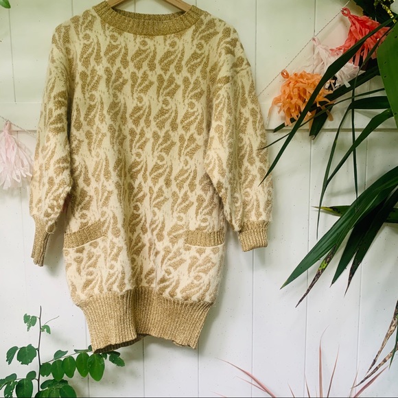 vtg vsco 80s Gold Shimmer Oversized Sweater Tunic - Picture 6 of 11